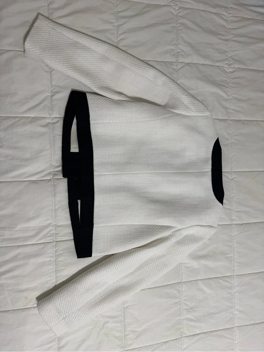 J. Crew White Textured Jacket with Black Trim and Gold Buttons